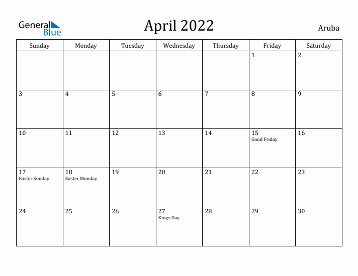 April 2022 Calendar Aruba
