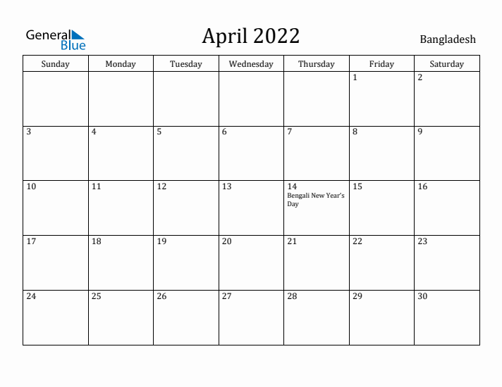 April 2022 Calendar Bangladesh