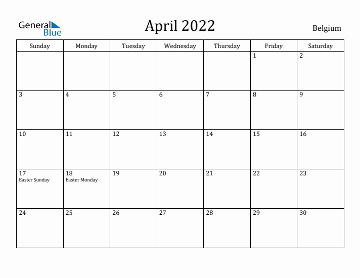 April 2022 Calendar Belgium