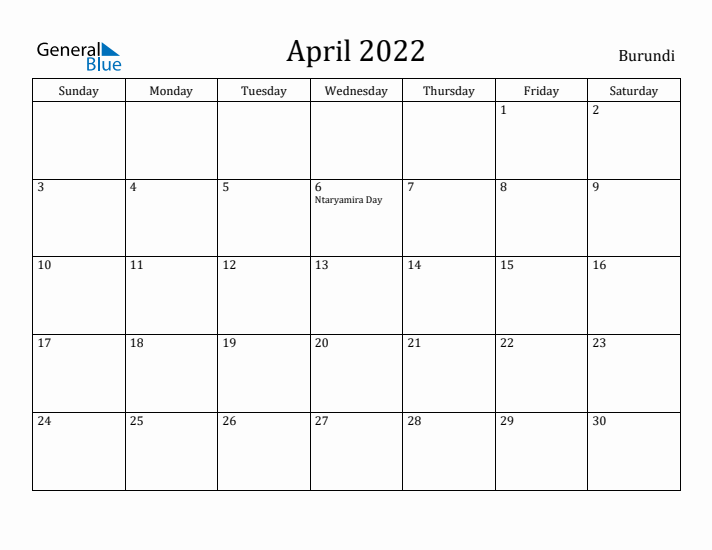 April 2022 Calendar Burundi