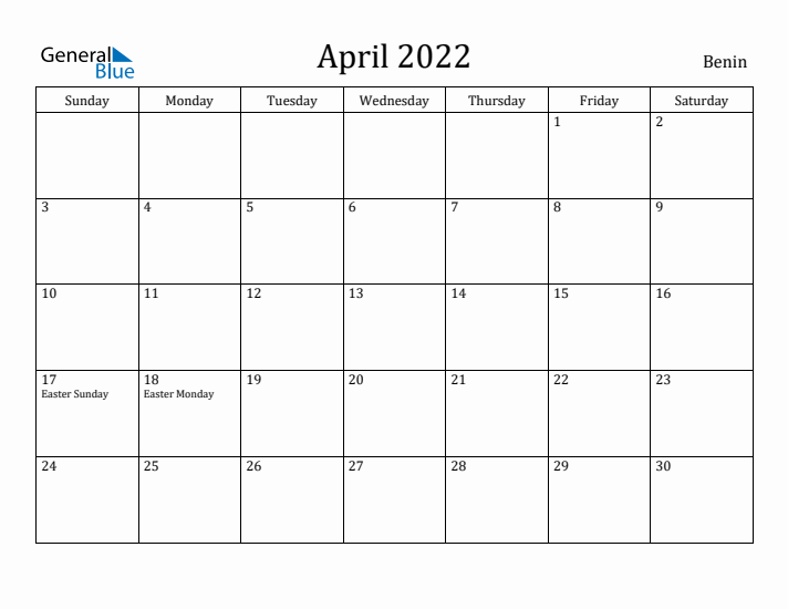 April 2022 Calendar Benin