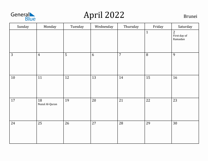 April 2022 Calendar Brunei