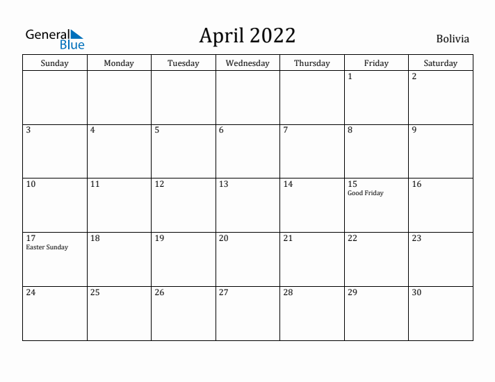 April 2022 Calendar Bolivia