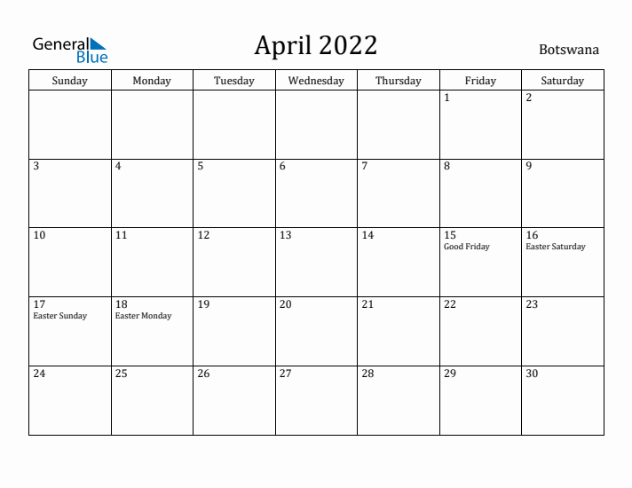 April 2022 Calendar Botswana
