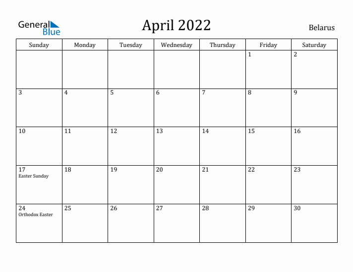 April 2022 Calendar Belarus