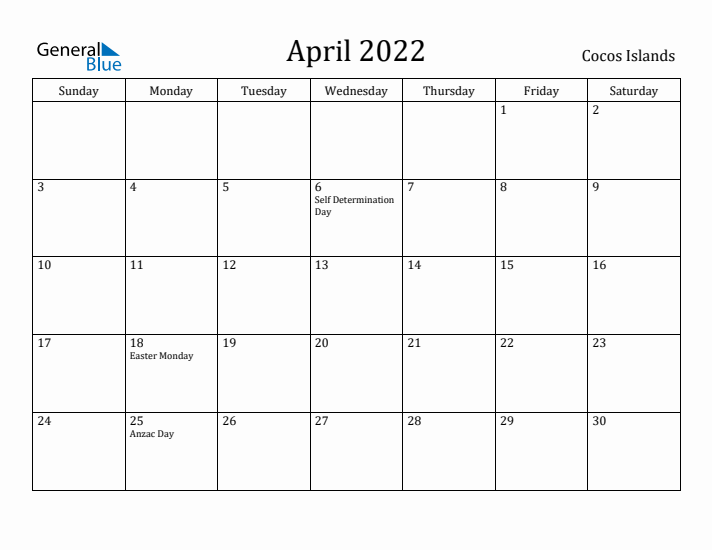 April 2022 Calendar Cocos Islands