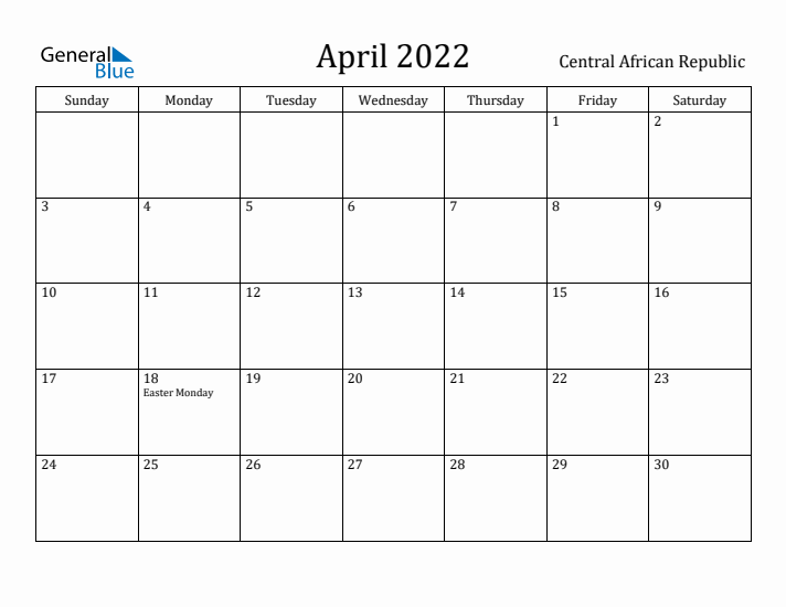 April 2022 Calendar Central African Republic