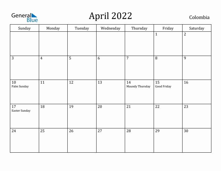 April 2022 Calendar Colombia