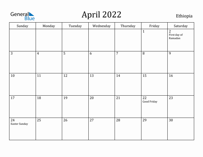 April 2022 Calendar Ethiopia