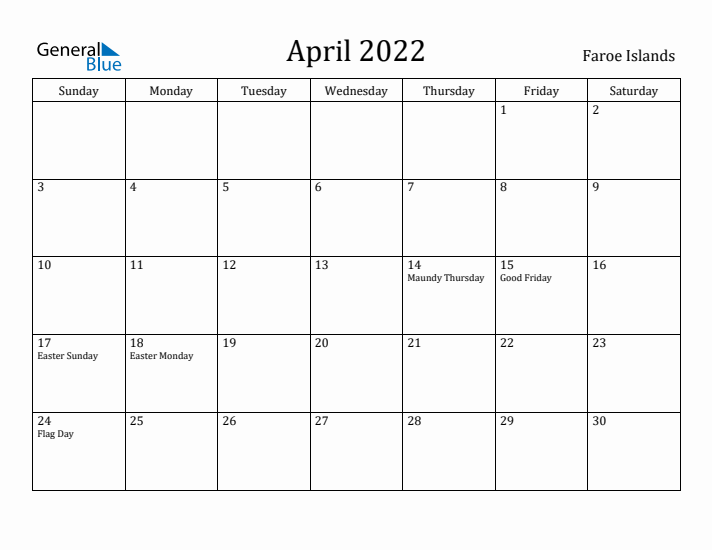 April 2022 Calendar Faroe Islands