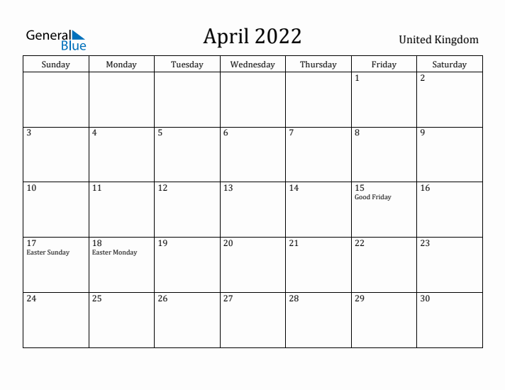 April 2022 Calendar United Kingdom
