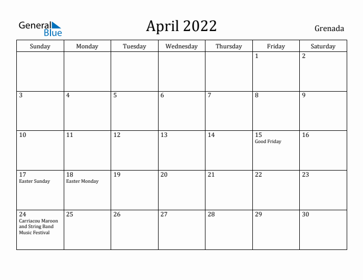 April 2022 Calendar Grenada