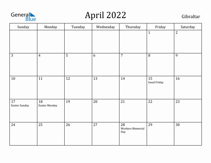 April 2022 Calendar Gibraltar