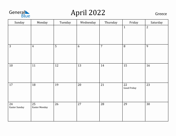 April 2022 Calendar Greece