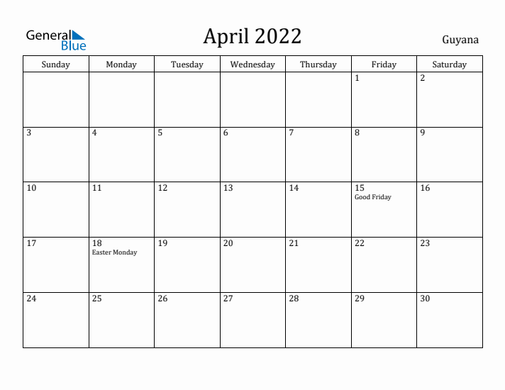 April 2022 Calendar Guyana