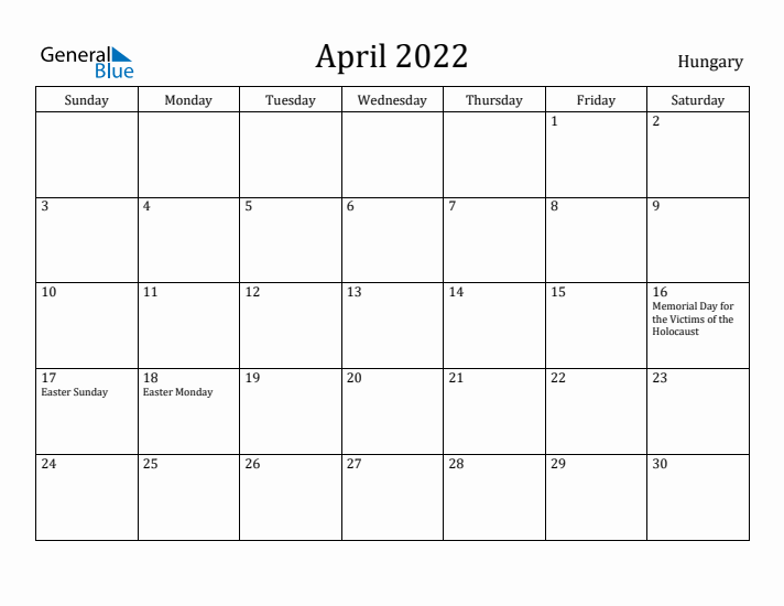 April 2022 Calendar Hungary