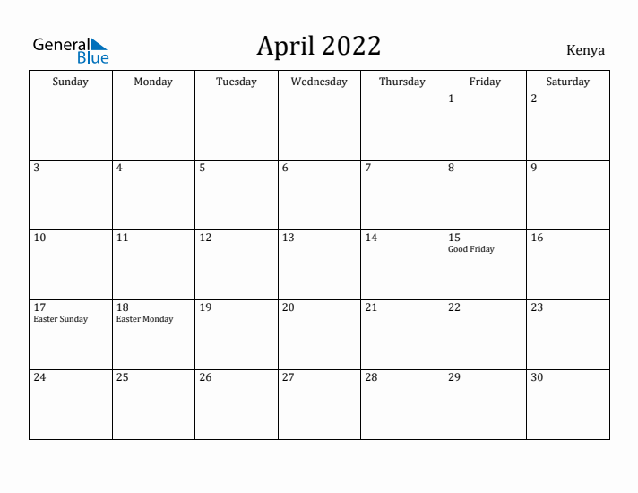 April 2022 Calendar Kenya
