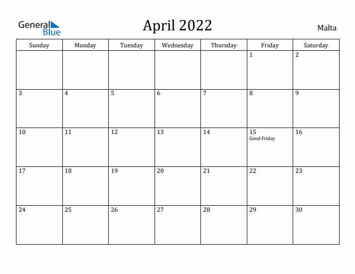 April 2022 Calendar Malta