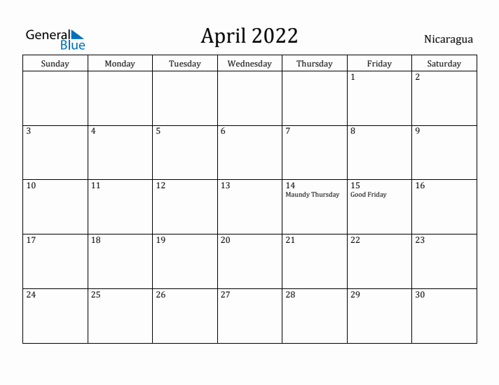 April 2022 Calendar Nicaragua