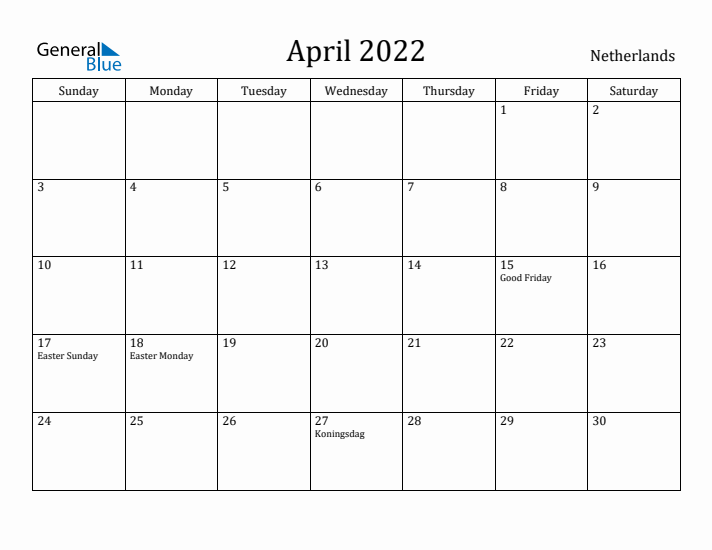 April 2022 Calendar The Netherlands