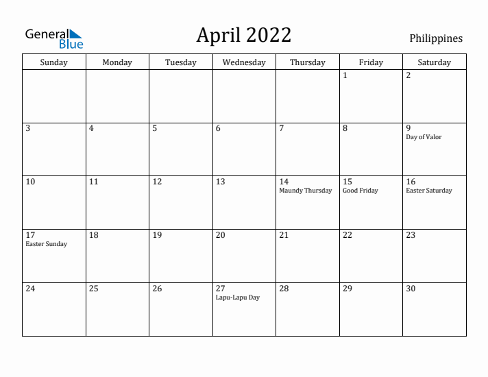 April 2022 Calendar Philippines