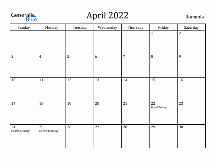 April 2022 Calendar Romania