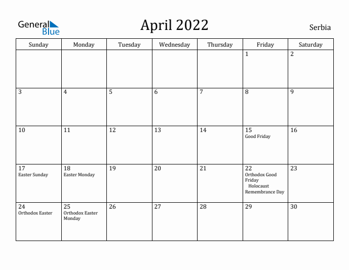April 2022 Calendar Serbia