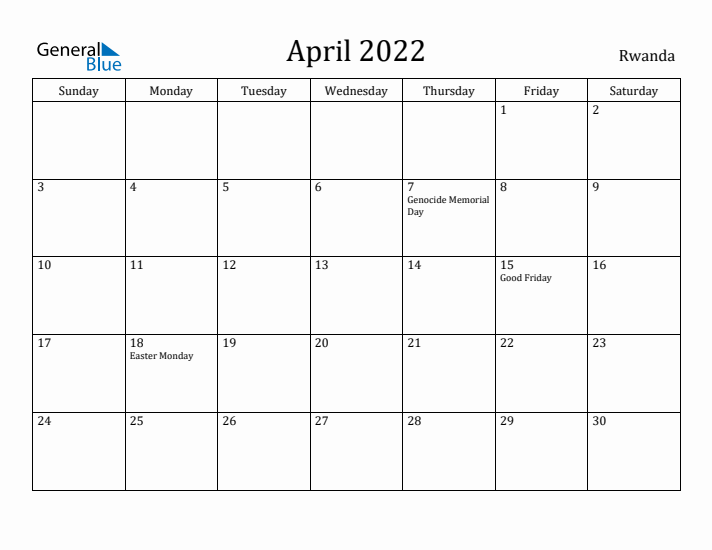 April 2022 Calendar Rwanda