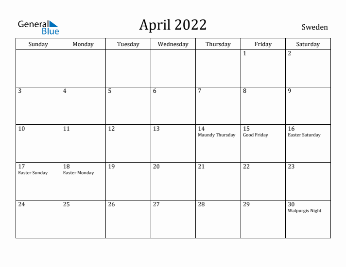 April 2022 Calendar Sweden