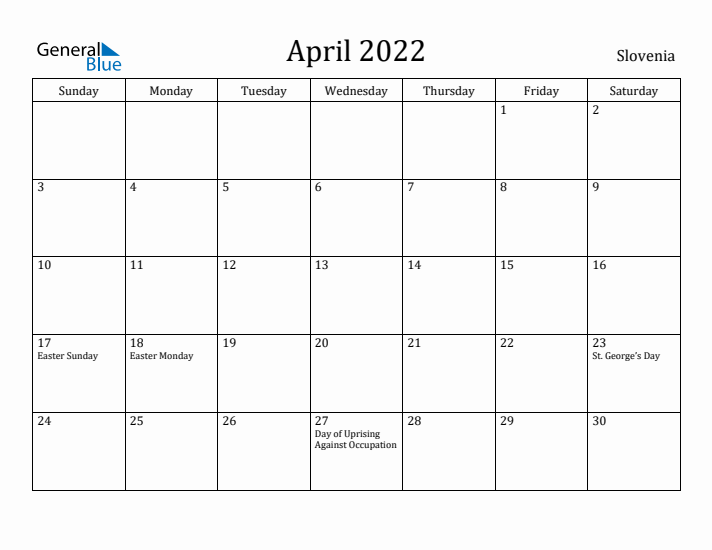 April 2022 Calendar Slovenia