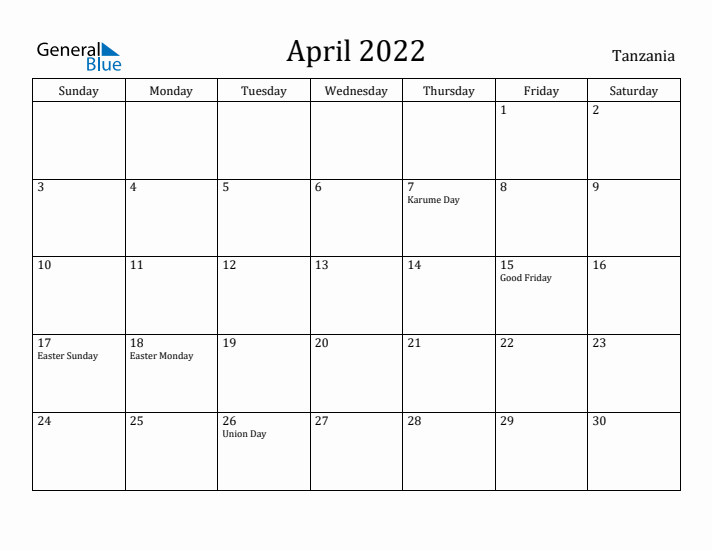 April 2022 Calendar Tanzania