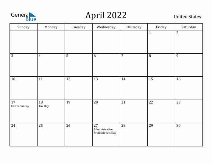 April 2022 Calendar United States
