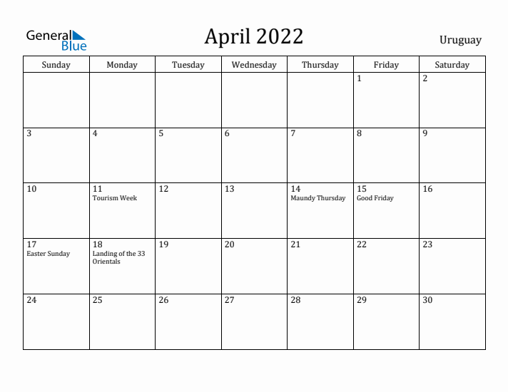 April 2022 Calendar Uruguay