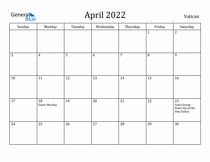 April 2022 Calendar Vatican
