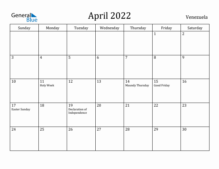April 2022 Calendar Venezuela