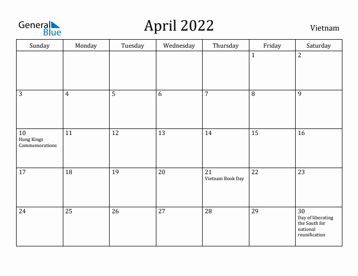 April 2022 Calendar Vietnam