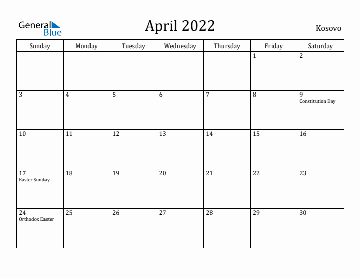 April 2022 Calendar Kosovo