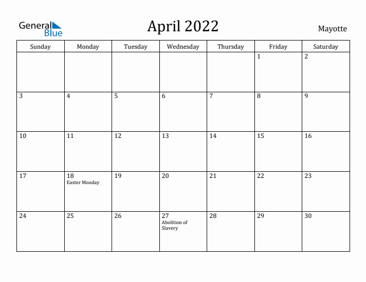 April 2022 Calendar Mayotte