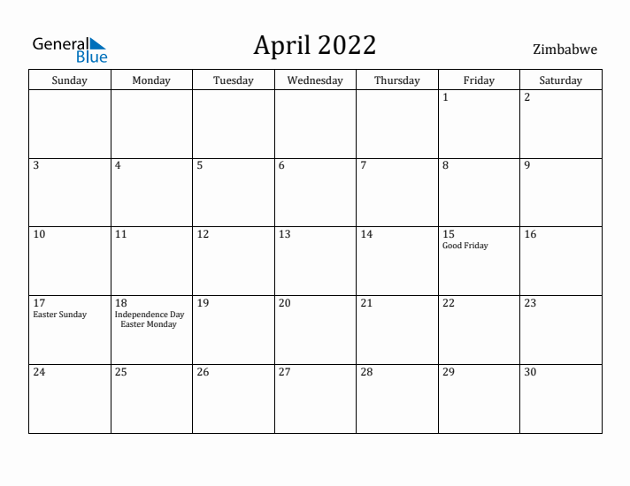 April 2022 Calendar Zimbabwe