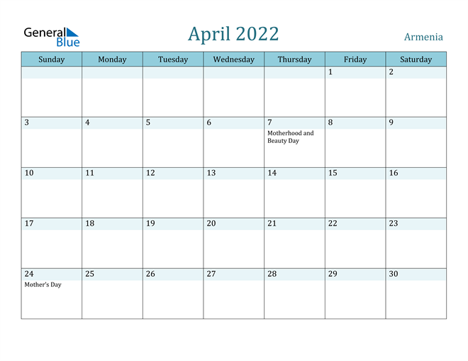 April 2022 Calendar with Holidays in PDF, Word, and Excel
