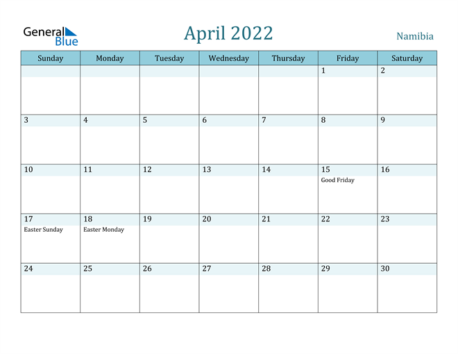 namibia april 2022 calendar with holidays