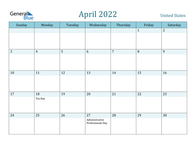 United States April 2022 Calendar With Holidays