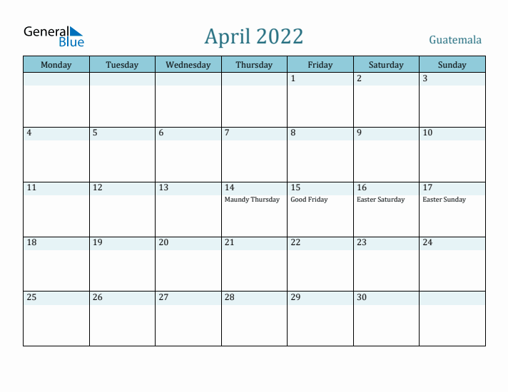 April 2022 Calendar with Holidays