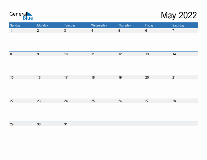 Fillable Calendar for May 2022