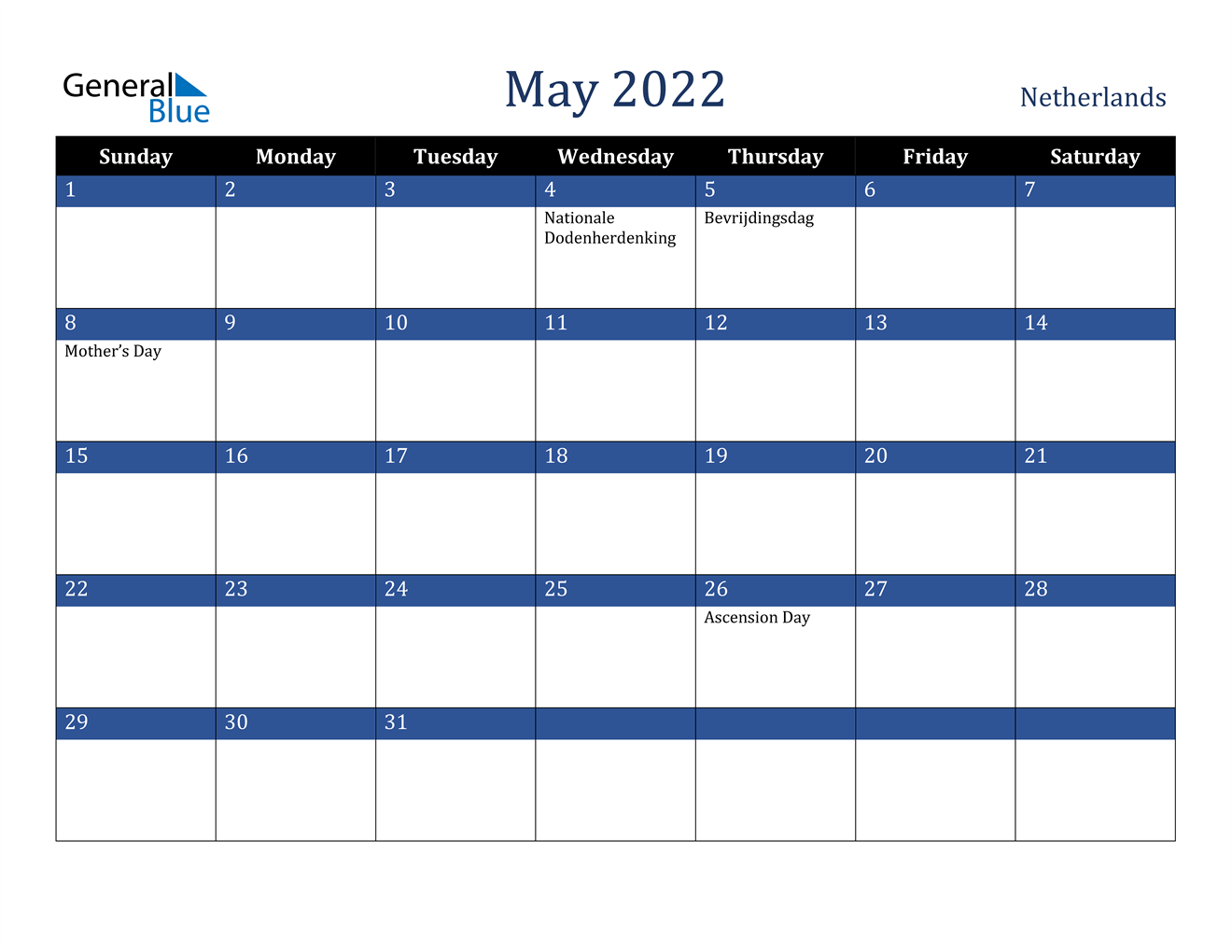 May 2022 Calendar - Netherlands