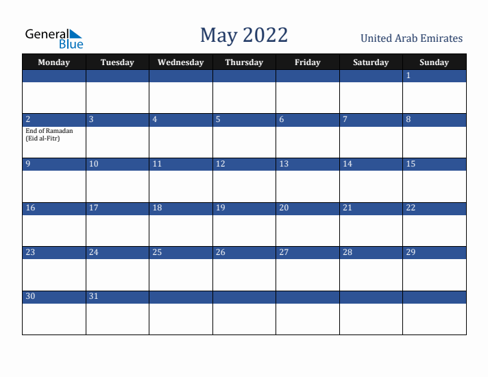 May 2022 United Arab Emirates Calendar (Monday Start)