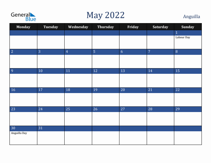 May 2022 Anguilla Calendar (Monday Start)