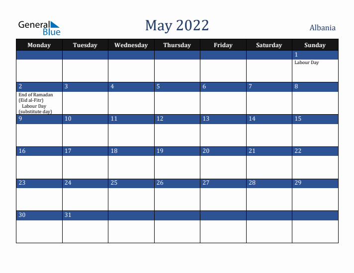 May 2022 Albania Calendar (Monday Start)