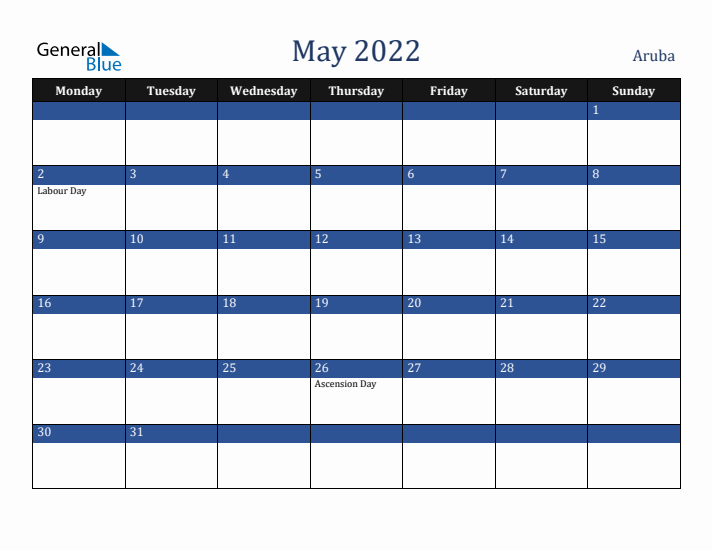 May 2022 Aruba Calendar (Monday Start)