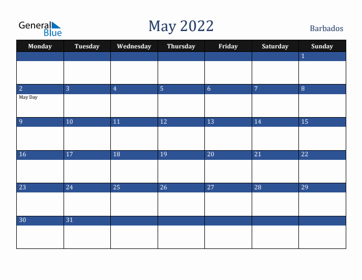 May 2022 Barbados Calendar (Monday Start)